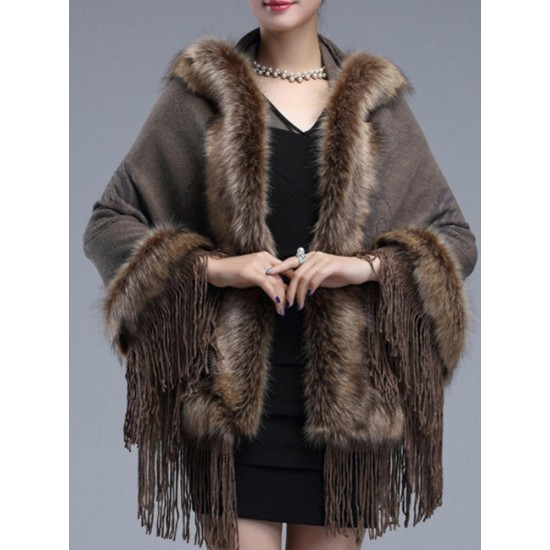 Elegant Women Faux Fur Hooded Cloak Coat