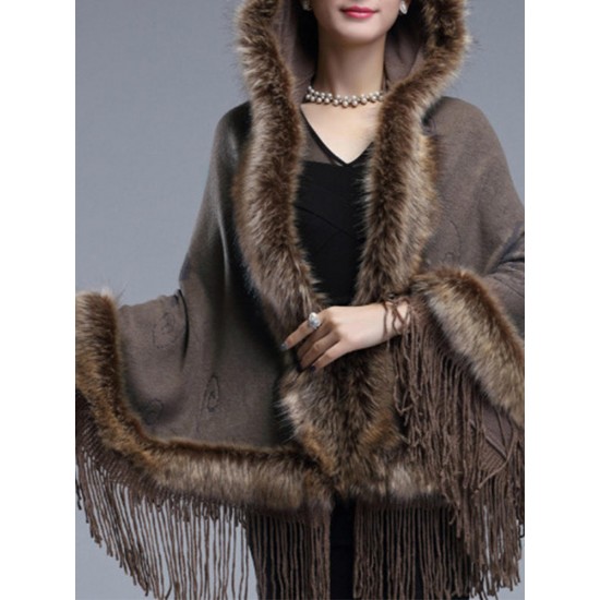 Elegant Women Faux Fur Hooded Cloak Coat