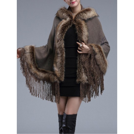 Elegant Women Faux Fur Hooded Cloak Coat