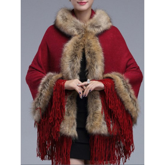 Elegant Women Faux Fur Hooded Cloak Coat