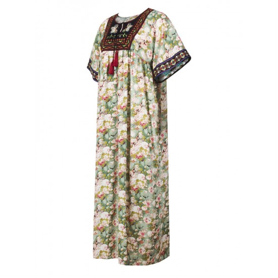 Boho Floral Print Short Sleeve Embroidery Long Dress
