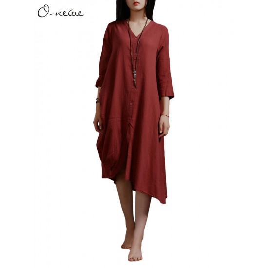 Casual Loose Front Button Solid Cotton Irregular Dress