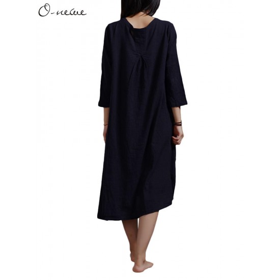 Casual Loose Front Button Solid Cotton Irregular Dress