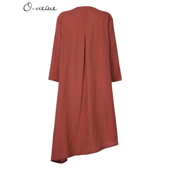 Casual Loose Front Button Solid Cotton Irregular Dress