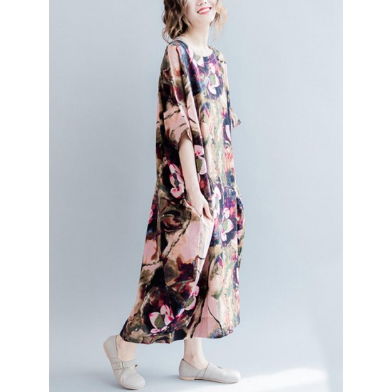 Casual S-5XL Women Loose Lotus Printing Dress