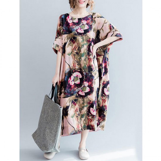 Casual S-5XL Women Loose Lotus Printing Dress