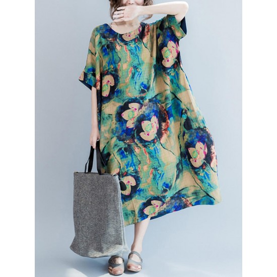 Casual S-5XL Women Loose Lotus Printing Dress