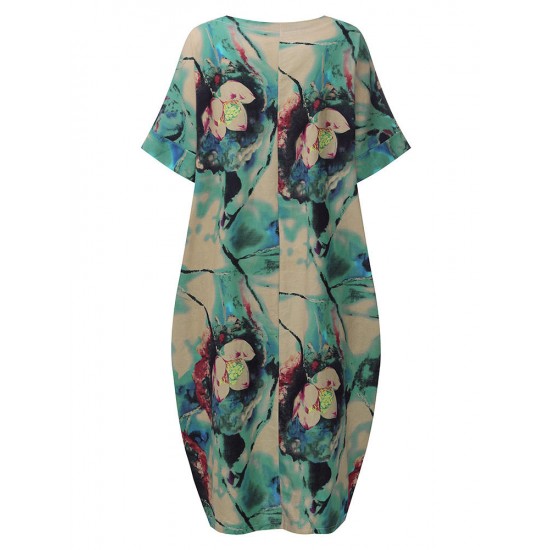 Casual S-5XL Women Loose Lotus Printing Dress