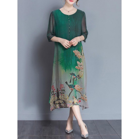 Chinese Style Floral Print Half Sleeve Loose Dress