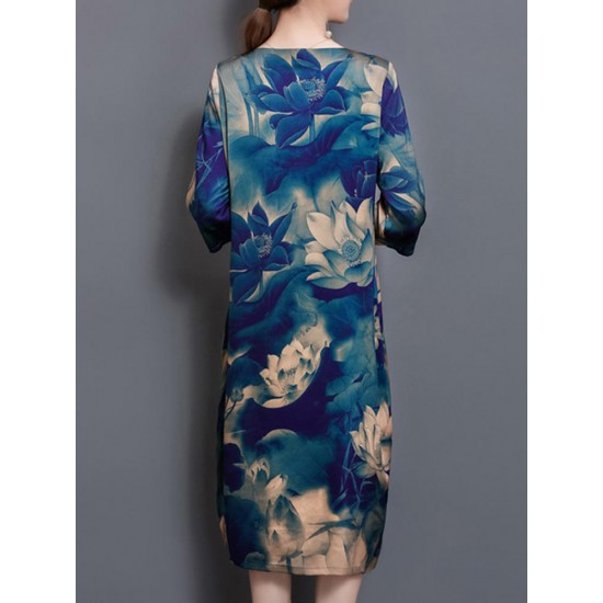 Chinese Style Floral Print Pocket Dress