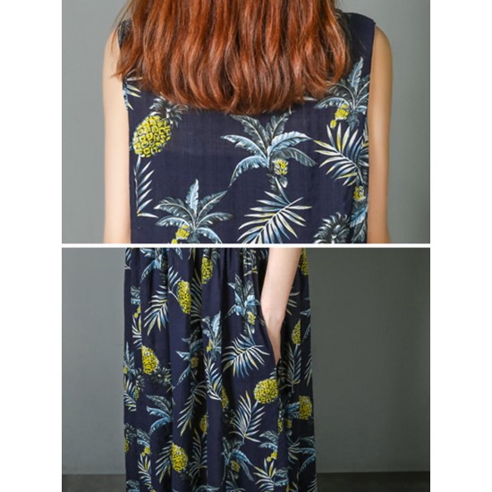 Cotton Sleeveless V-neck Pineapple Pattern Beach Dress