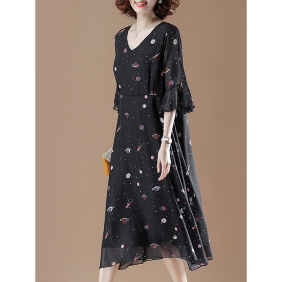 Cotton V-neck Flared Sleeve Star Dress