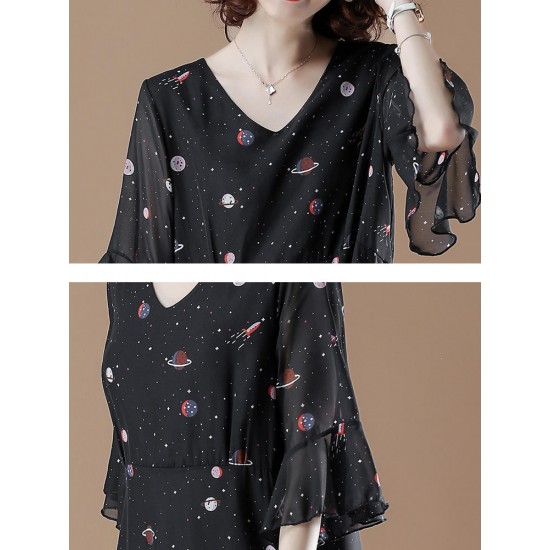 Cotton V-neck Flared Sleeve Star Dress