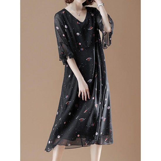 Cotton V-neck Flared Sleeve Star Dress