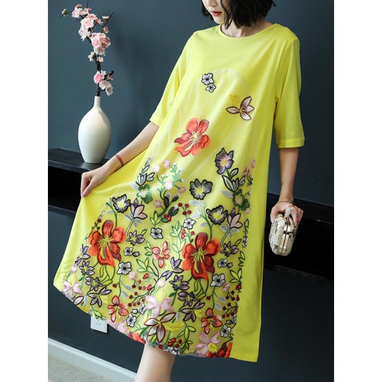 Elegant Floral Print Embroidered A-line O-neck Dress