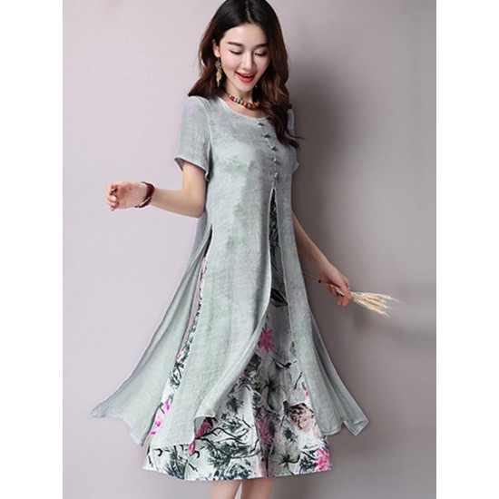 Elegant Women Floral Printed Dress Two Layers High Split Dresses