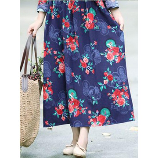 Floral Elastic Waist Long Sleeve Maxi Dress