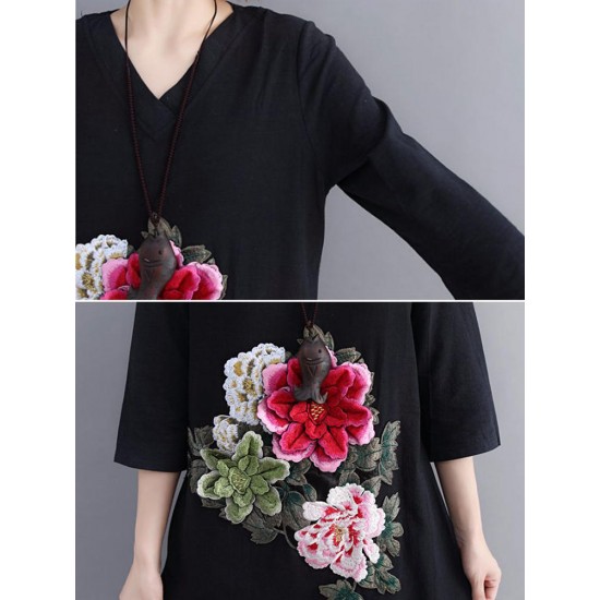 Floral Embroidery A-line V-neck Long Sleeve Maxi Dress