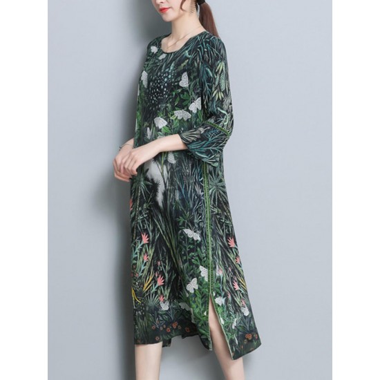 Floral Print Flared Sleeve Side Slit Dress