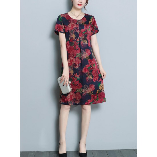 Floral Print Short Sleeve Pocket Dress