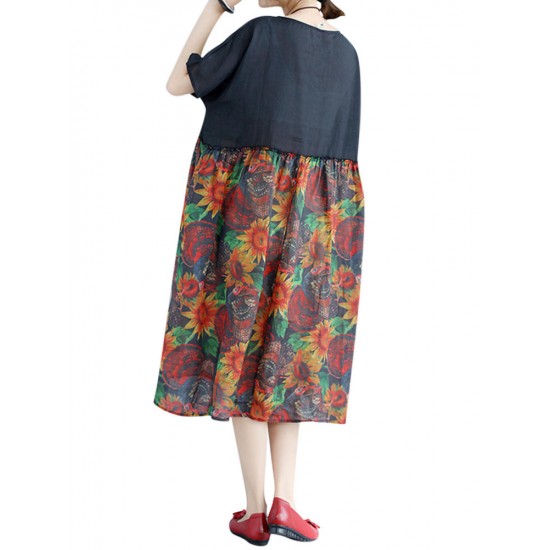 Large Size Women Floral Dress Batwing Sleeve Patchwork Dresses