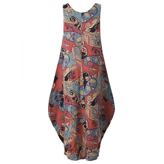 Loose Lantern Sleeveless Vintage Printed Maxi Dress For Women