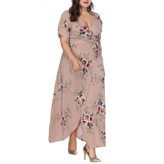 Plus Size Bohemian Floral Print V-neck Short Sleeve Dress