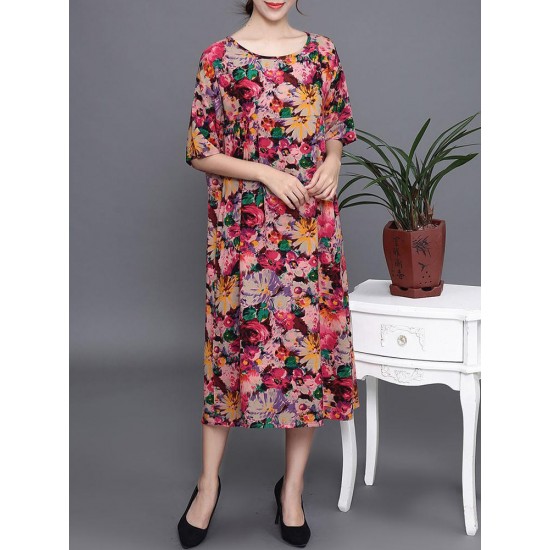 Plus Size Floral Print Short Sleeve Elegant Dress