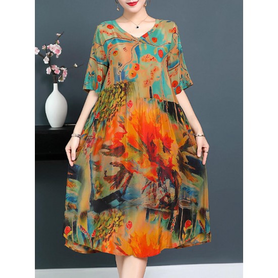 Plus Size Floral Print V-neck Half Sleeve Elegant Dress