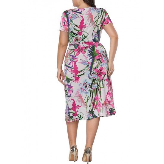 Plus Size Floral Print V-neck Short Sleeve Elegant Dress
