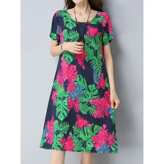 Vintage Women Floral Printed Dress Short Sleeve Pockets Cotton Linen Dresses