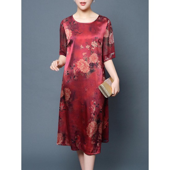 Women Plus Size Floral Print Half Sleeve Elegant Dress