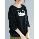 Cartoon Cat Print Crew Neck Long Sleeve Women Sweatshirt
