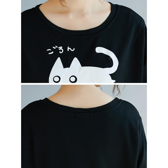 Cartoon Cat Print Crew Neck Long Sleeve Women Sweatshirt