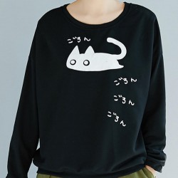 Cartoon Cat Print Crew Neck Long Sleeve Women Sweatshirt