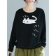 Cartoon Cat Print Crew Neck Long Sleeve Women Sweatshirt