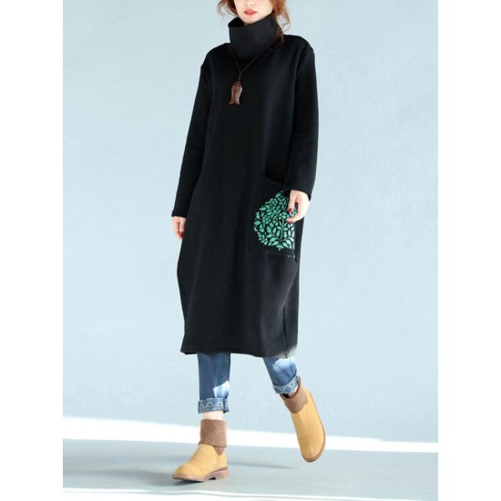 Casual Women Black Printed High Collor Sweatshirt Dresses