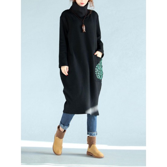 Casual Women Black Printed High Collor Sweatshirt Dresses