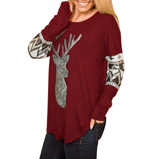 Christmas Sequins Deer Print V-neck Long Sleeve Casual Sweatshirt for Women