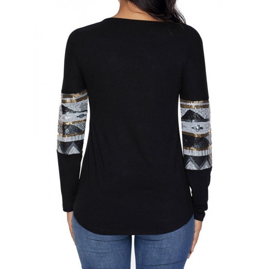 Christmas Sequins Deer Print V-neck Long Sleeve Casual Sweatshirt for Women