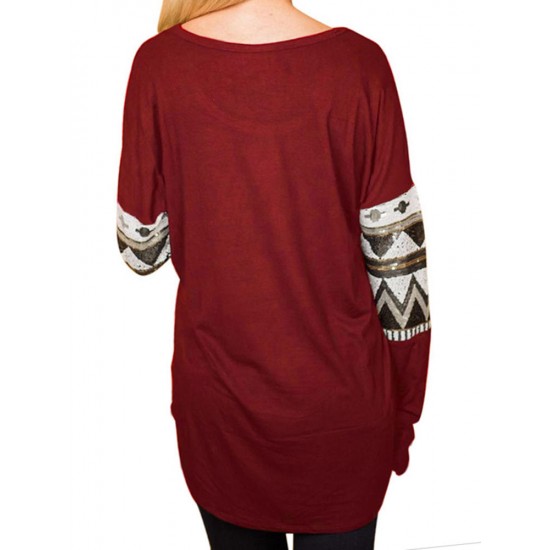 Christmas Sequins Deer Print V-neck Long Sleeve Casual Sweatshirt for Women