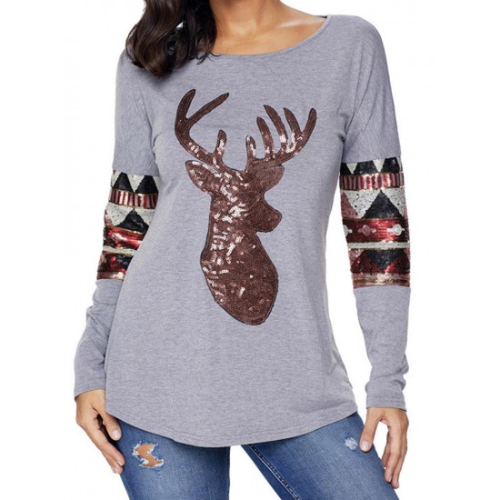 Christmas Sequins Deer Print V-neck Long Sleeve Casual Sweatshirt for Women