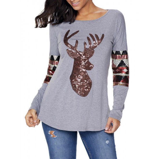 Christmas Sequins Deer Print V-neck Long Sleeve Casual Sweatshirt for Women