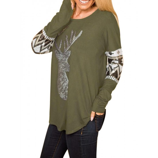 Christmas Sequins Deer Print V-neck Long Sleeve Casual Sweatshirt for Women