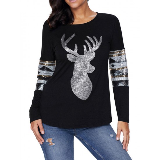 Christmas Sequins Deer Print V-neck Long Sleeve Casual Sweatshirt for Women