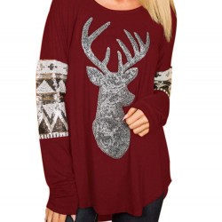 Christmas Sequins Deer Print V-neck Long Sleeve Casual Sweatshirt for Women