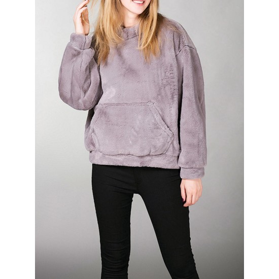 Fleece Solid Color Long Sleeve Warm Sweatshirt With Pockets