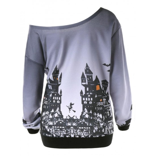 Halloween Casual One Shoulder Long Sleeve Printed Sweatshirt Costume For Women