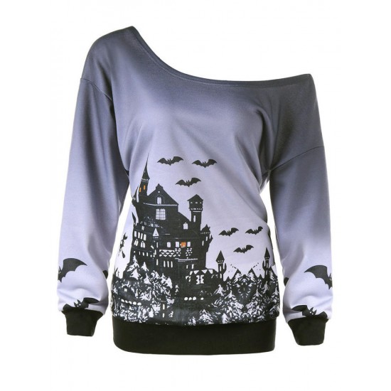 Halloween Casual One Shoulder Long Sleeve Printed Sweatshirt Costume For Women