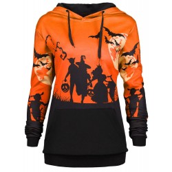 Halloween Print Patchwork Long Sleeve Hooded Sweatshirt Costume For Women